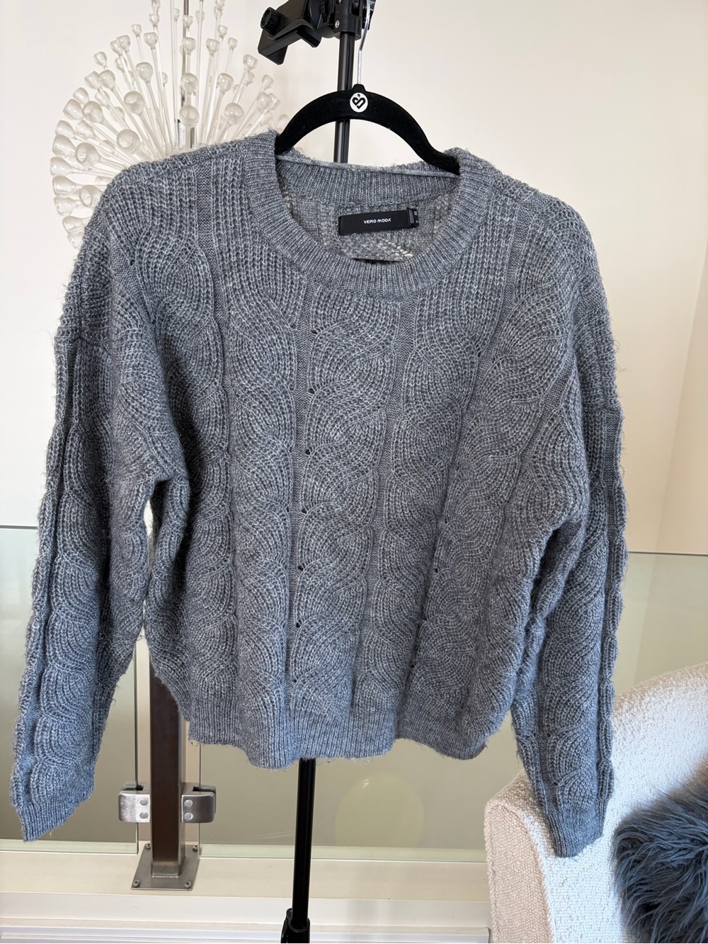 Vero Moda Heather Gray Cable-Pattern Crewneck Sweater